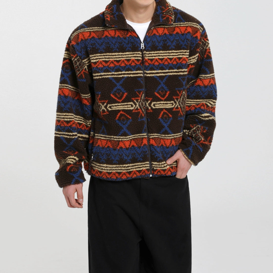 Ethnic Pattern Lambskin Fleece Zip Jacket