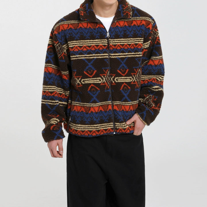 Ethnic Pattern Lambskin Fleece Zip Jacket