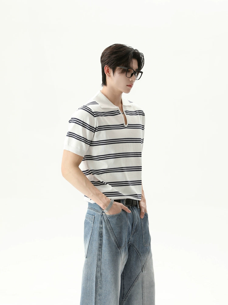 Gestreepte V-hals revers korte mouw pullover