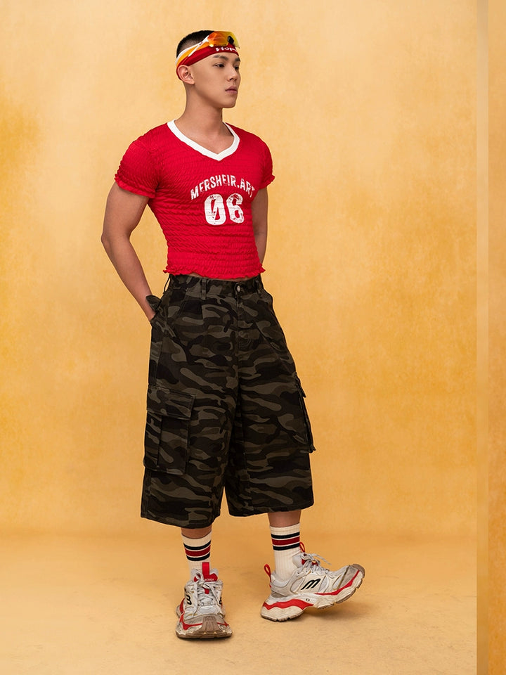 Pleated V-Neck Slim Fit Pullover Shirt