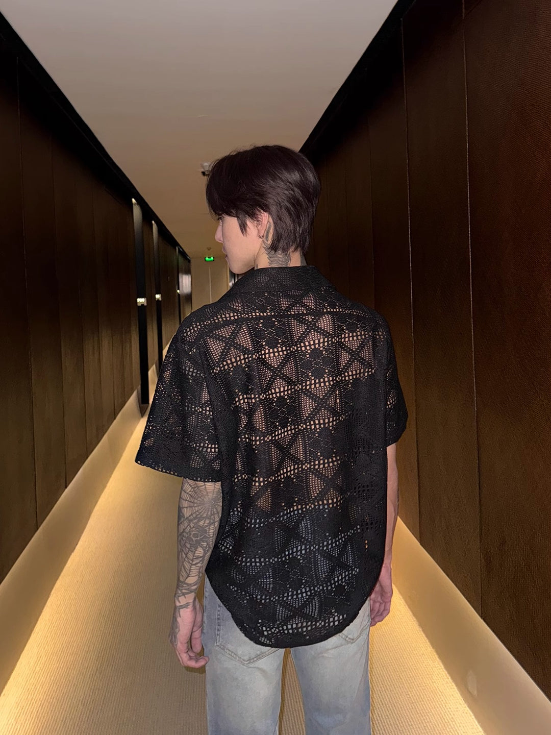 Hollow Lace Short-sleeved Shirt
