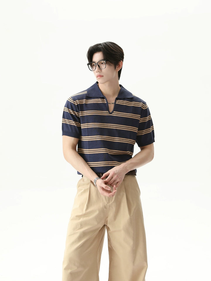 Gestreepte V-hals revers korte mouw pullover