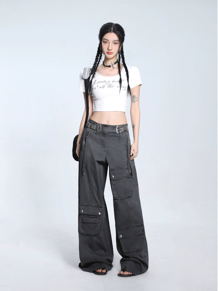 U-neck Lace Trim Cropped T-shirt