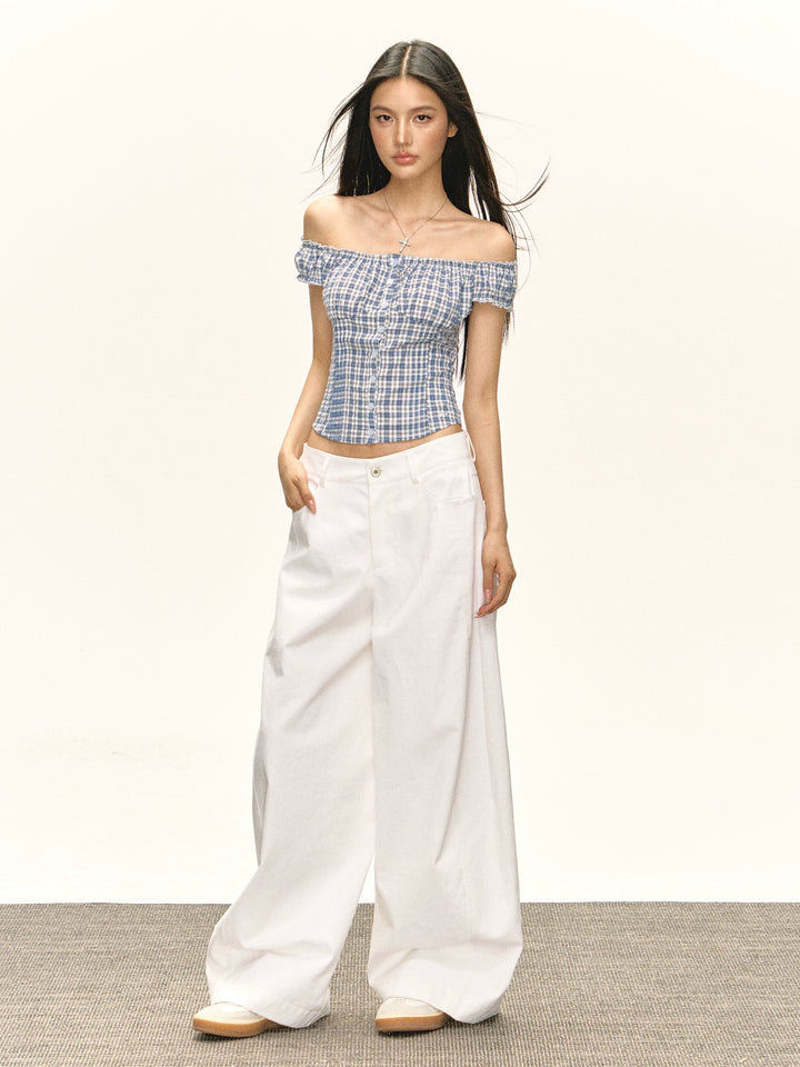 Off Shoulder Plaid Button-Up Top