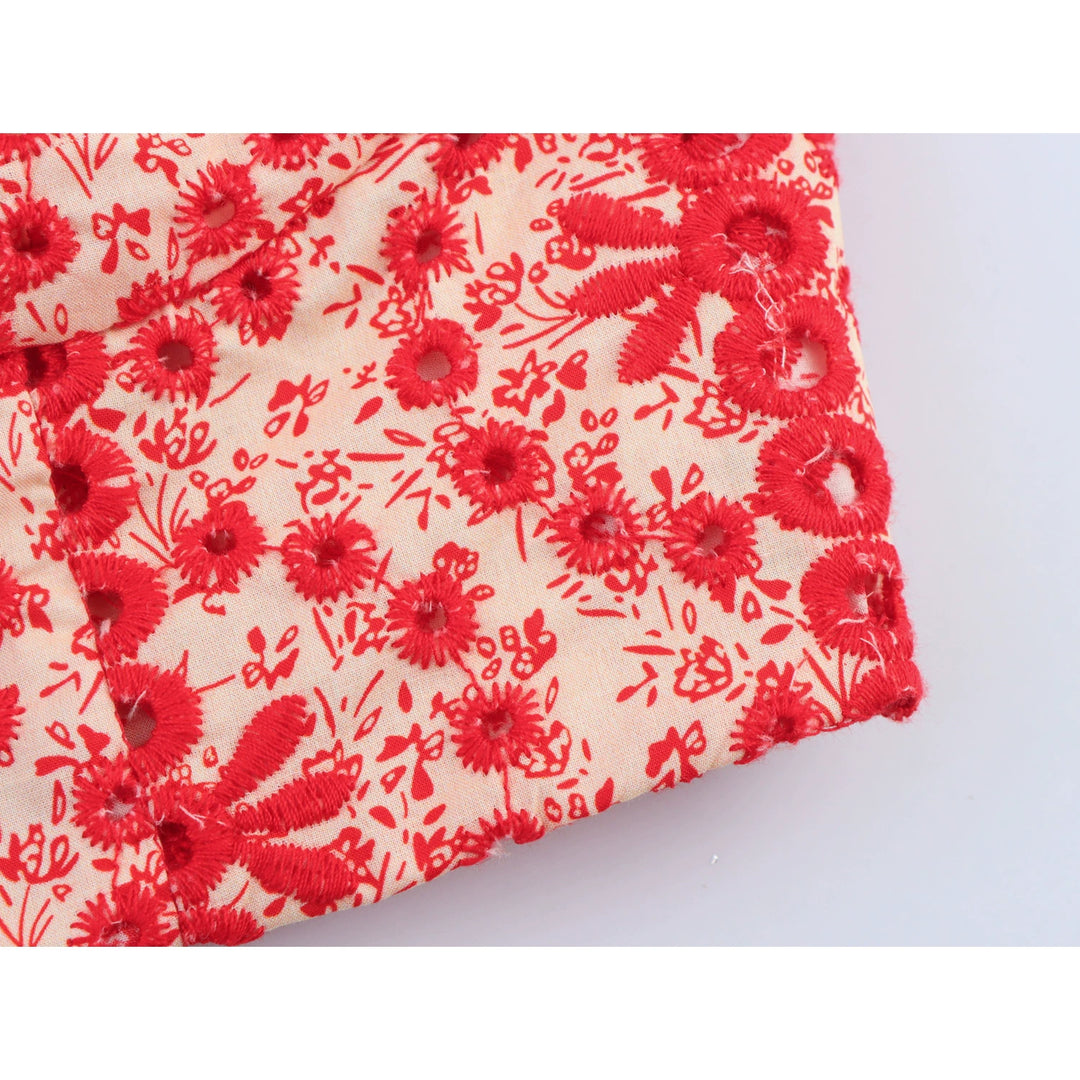 ホロウ刺繍クロップトップミディスカートセット