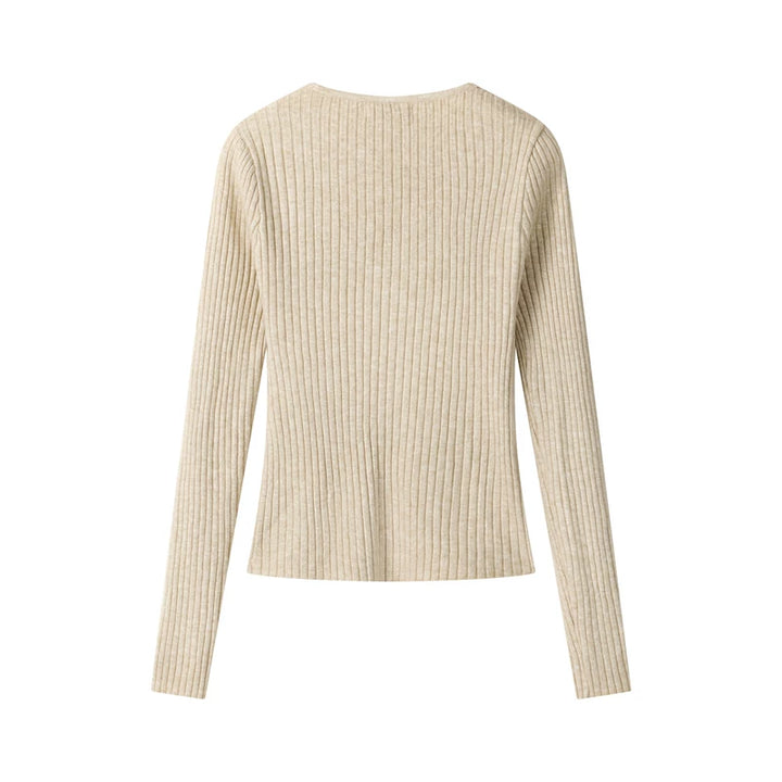 Ribbed V-Neck Wrap Knit Long Sleeve Top