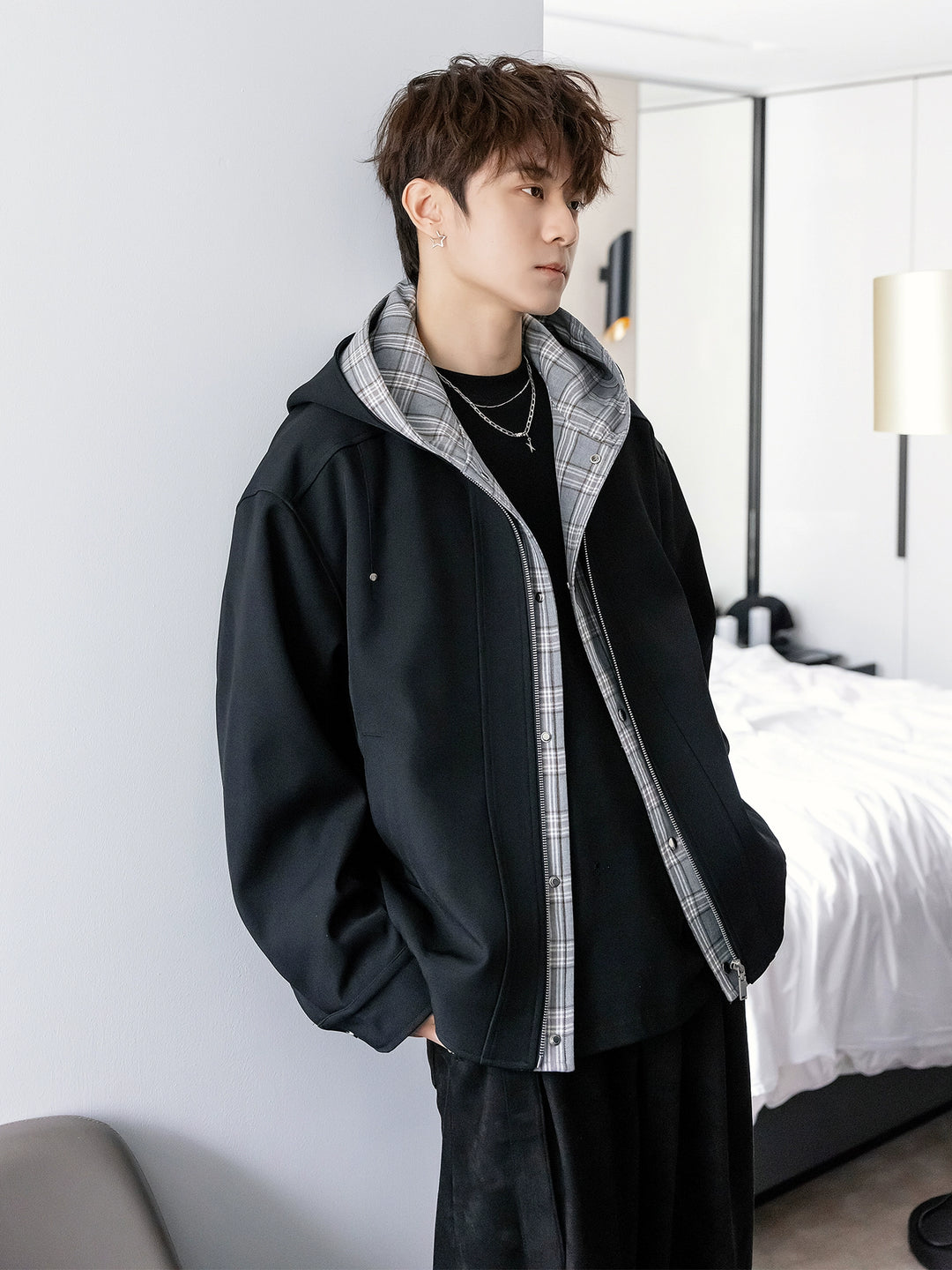 Full-zip Check-lined Hooded Jacket