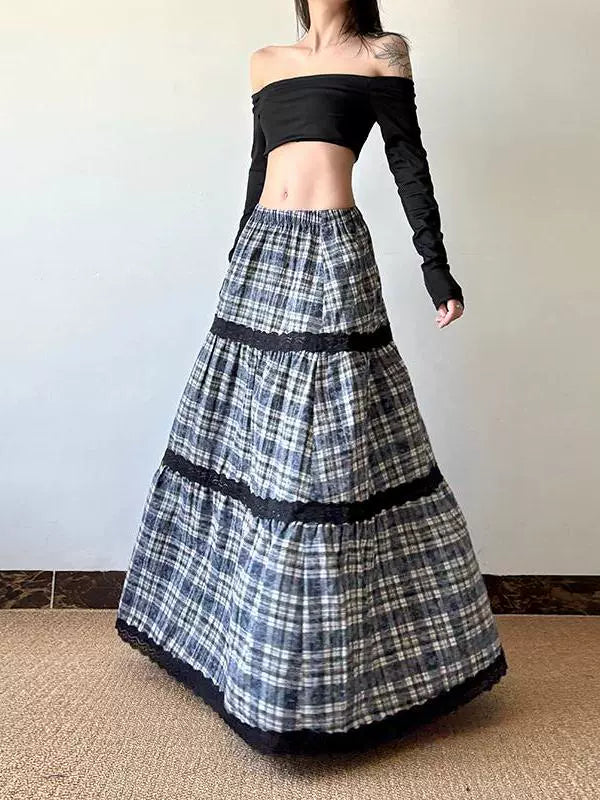 Plaid Lace Splicing Elastic Waist Skirt