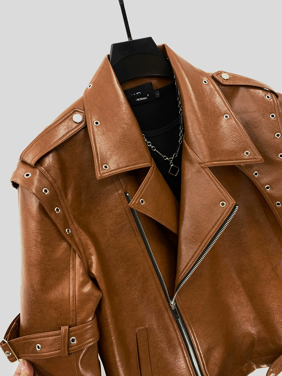 PU Leather Motorcycle Jacket with Studded Details