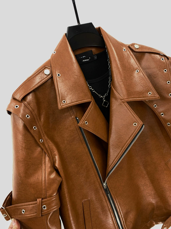 PU Leather Motorcycle Jacket with Studded Details