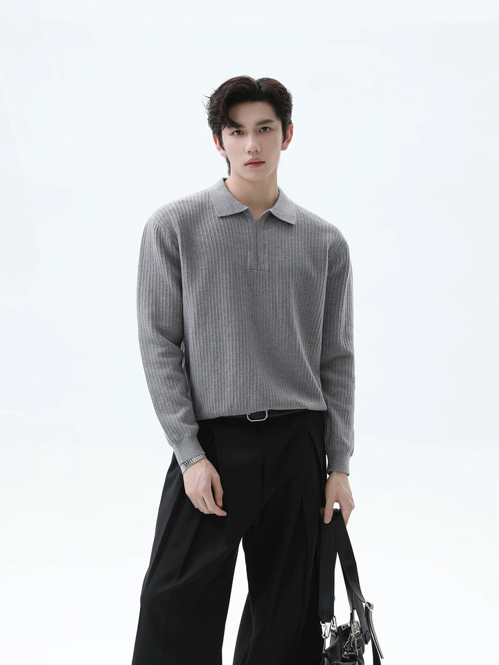 Ribbed Knit Long Sleeve Polo Pullover
