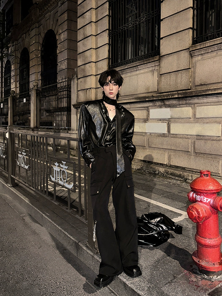 Leather Long Sleeve Casual Button-Up Shirt