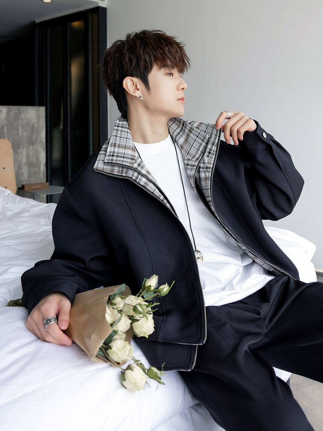 Double-Layer Plaid Collar Jacket