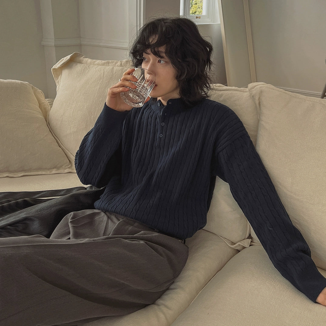 Suéter de Pulôver de Tricô com Gola Henry Collar