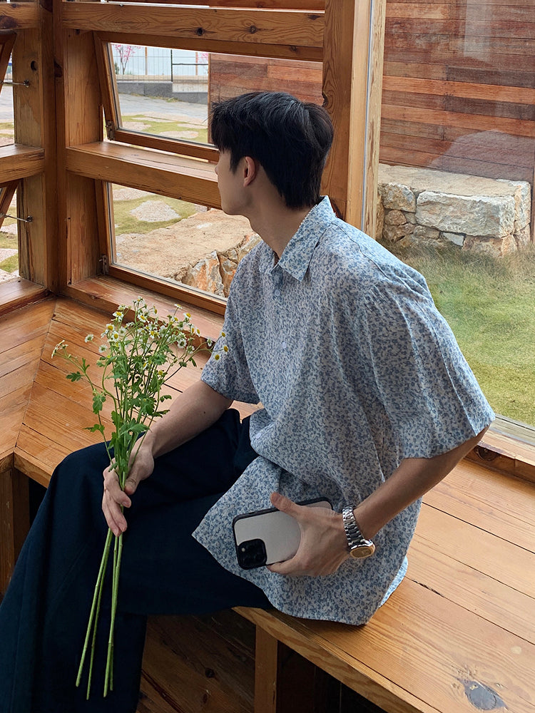 Blue Short-Sleeve Floral Shirt