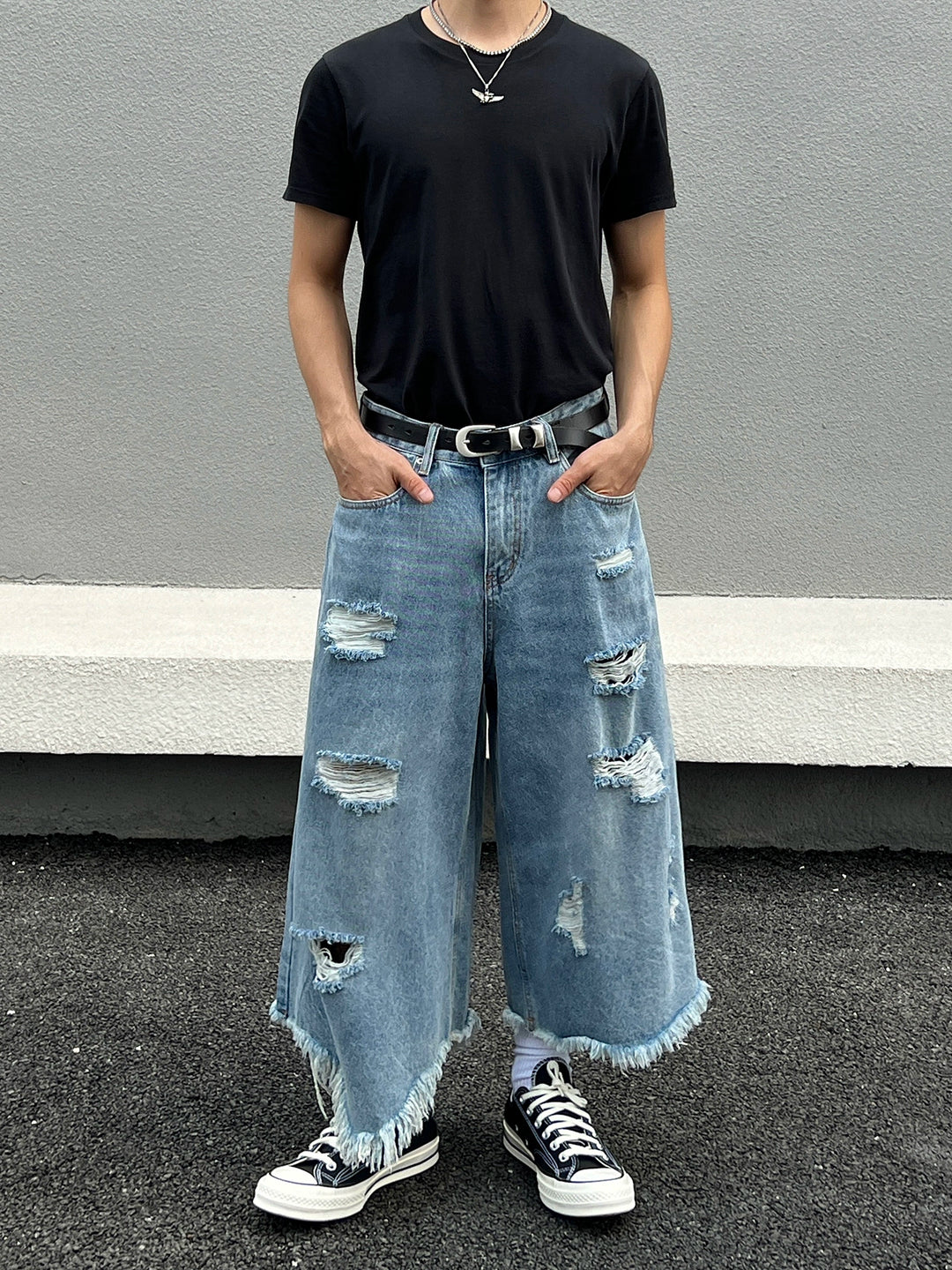 Ripped Wide-Leg Cropped Denim Pants