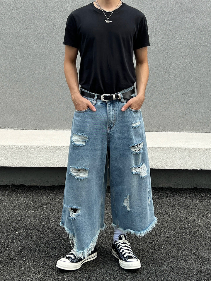 Ripped Wide-Leg Cropped Denim Pants
