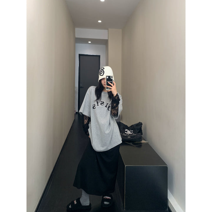 Loose Turtleneck Top with Lace Sleeves