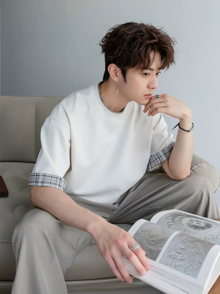 Plaid Trim Loose Fit Short Sleeve T-shirt