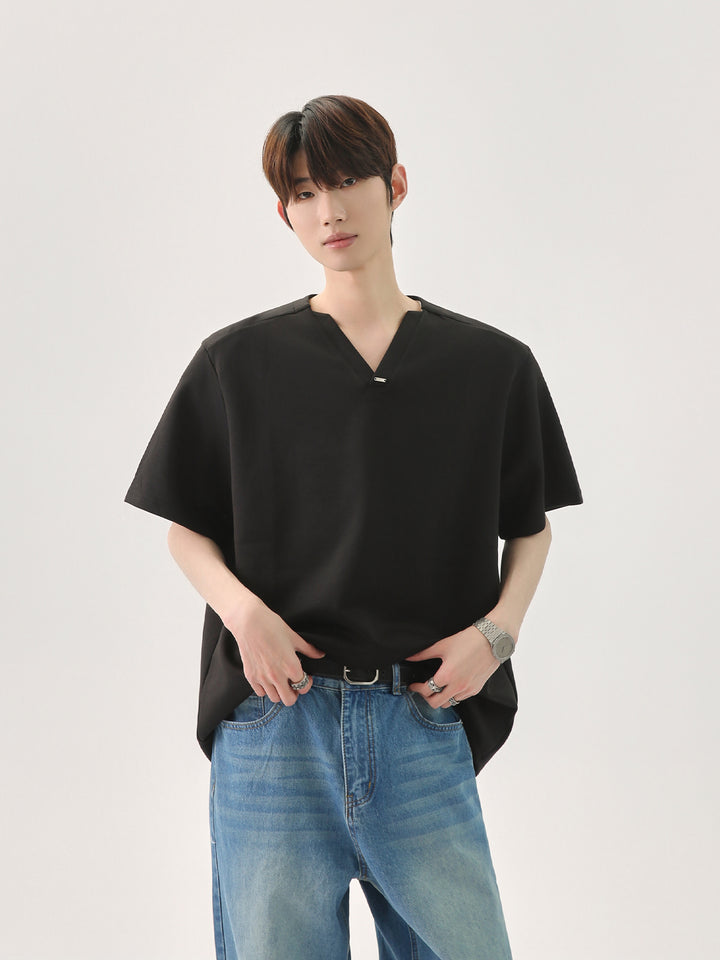 브이넥 메탈 장식 캐주얼 풀오버