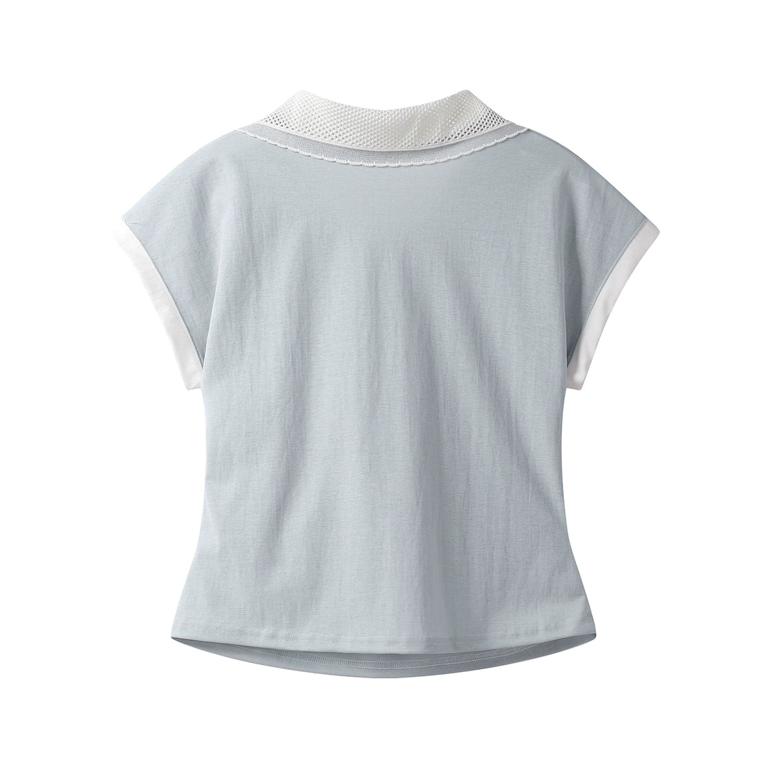 Mesh Collar Splicing Short Sleeve Top