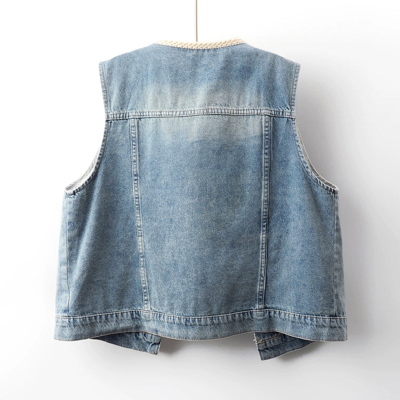 Colete Sem Mangas de Jeans com Renda de Crochê