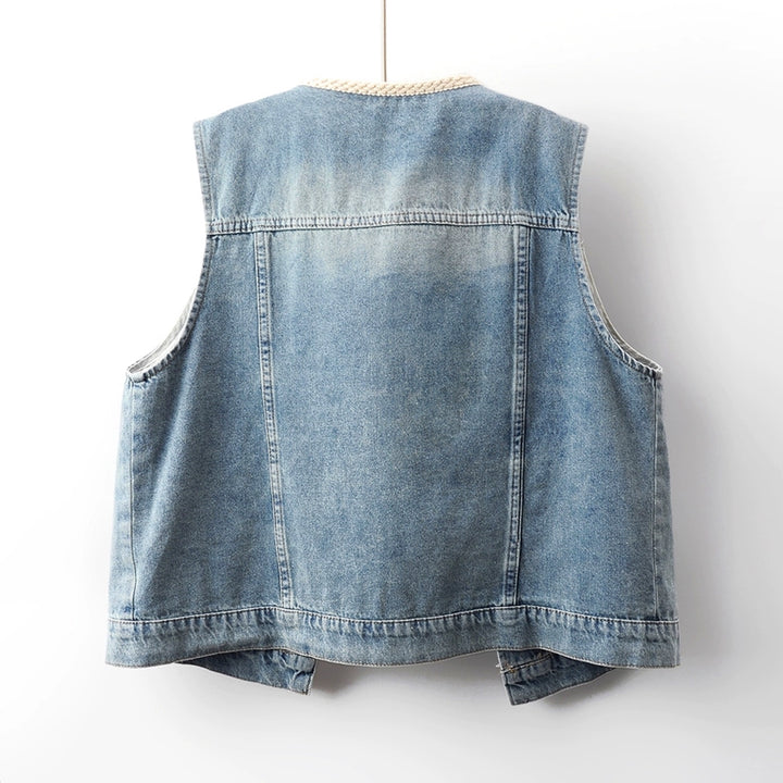 Colete Sem Mangas de Jeans com Renda de Crochê