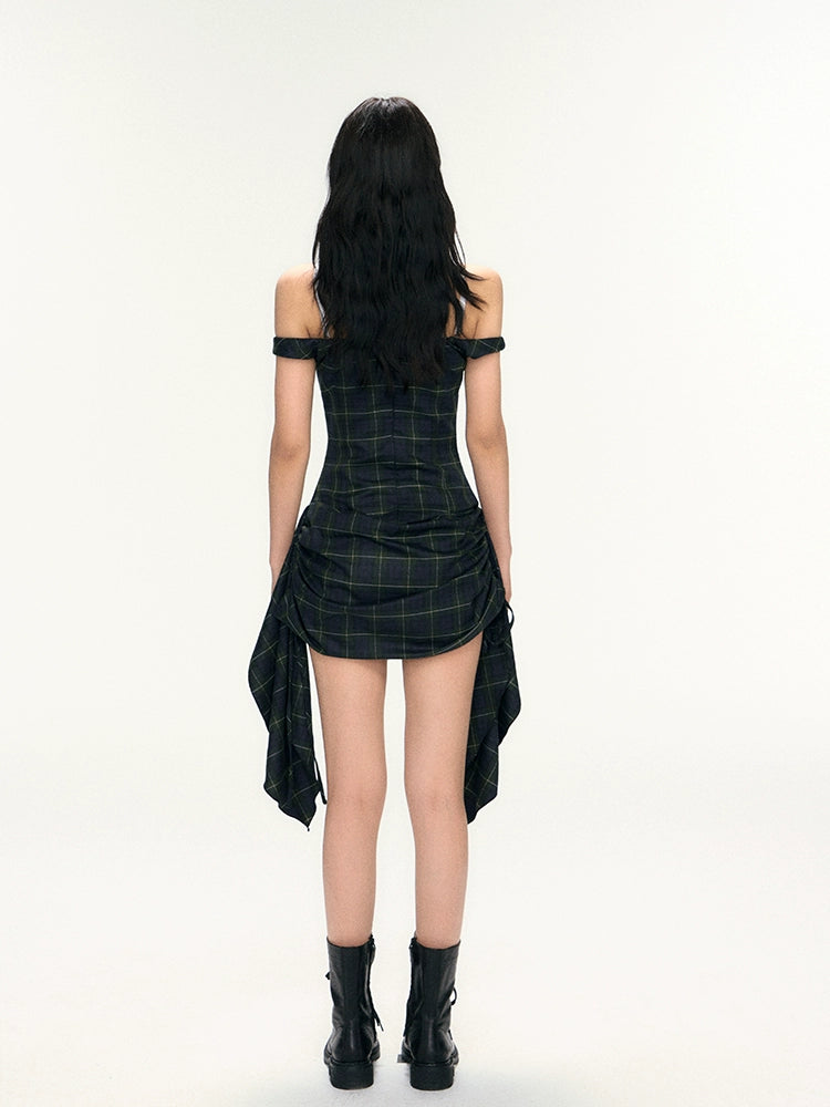 Plaid Lace Trim Drawstring Suspender Dress