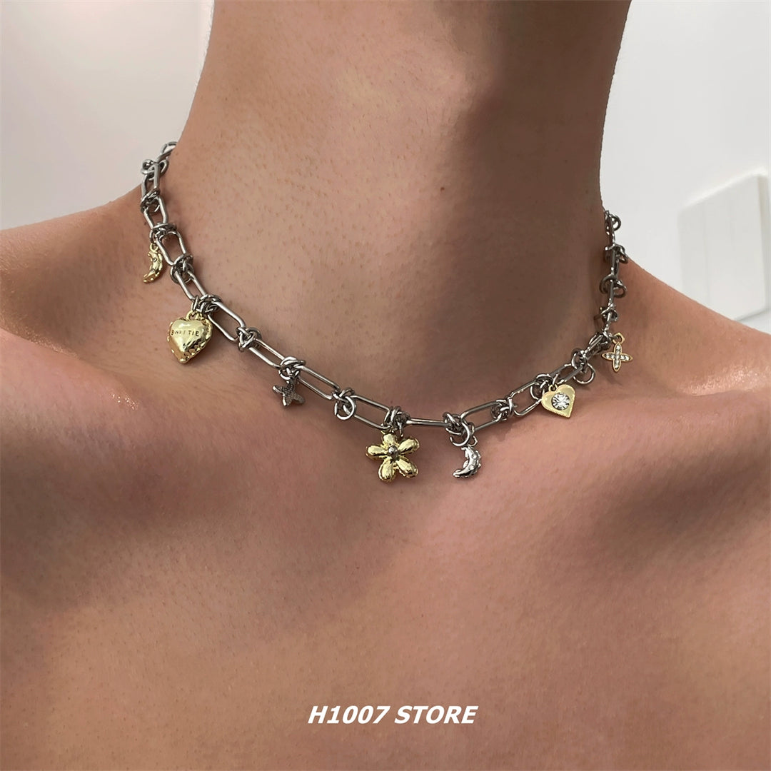 Flower Heart Charm Chain Clavicle Necklace