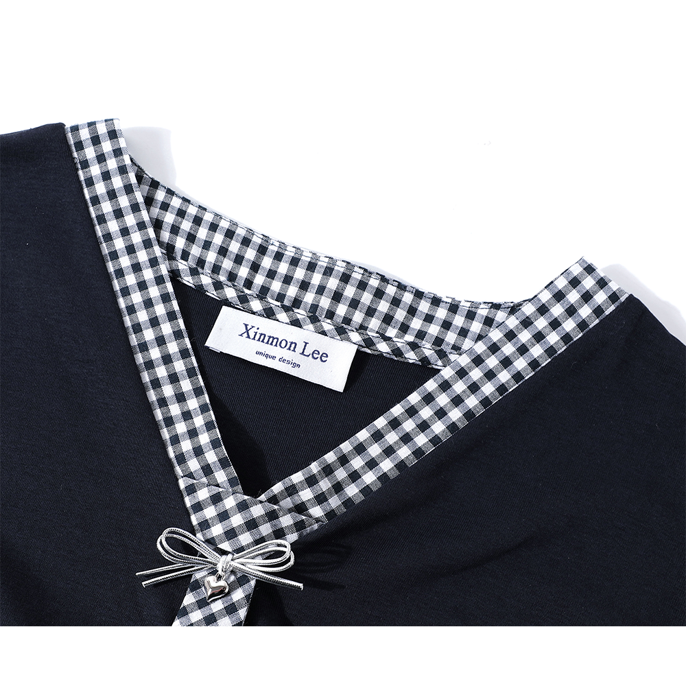 Korean Style Plaid Tie V-Neck Top