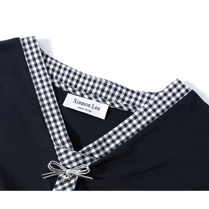 Korean Style Plaid Tie V-Neck Top