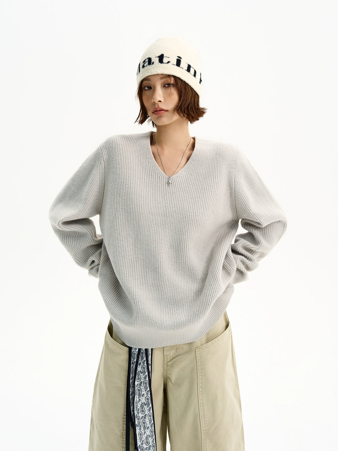 V-hals gebreide trui losse pasvorm pullover