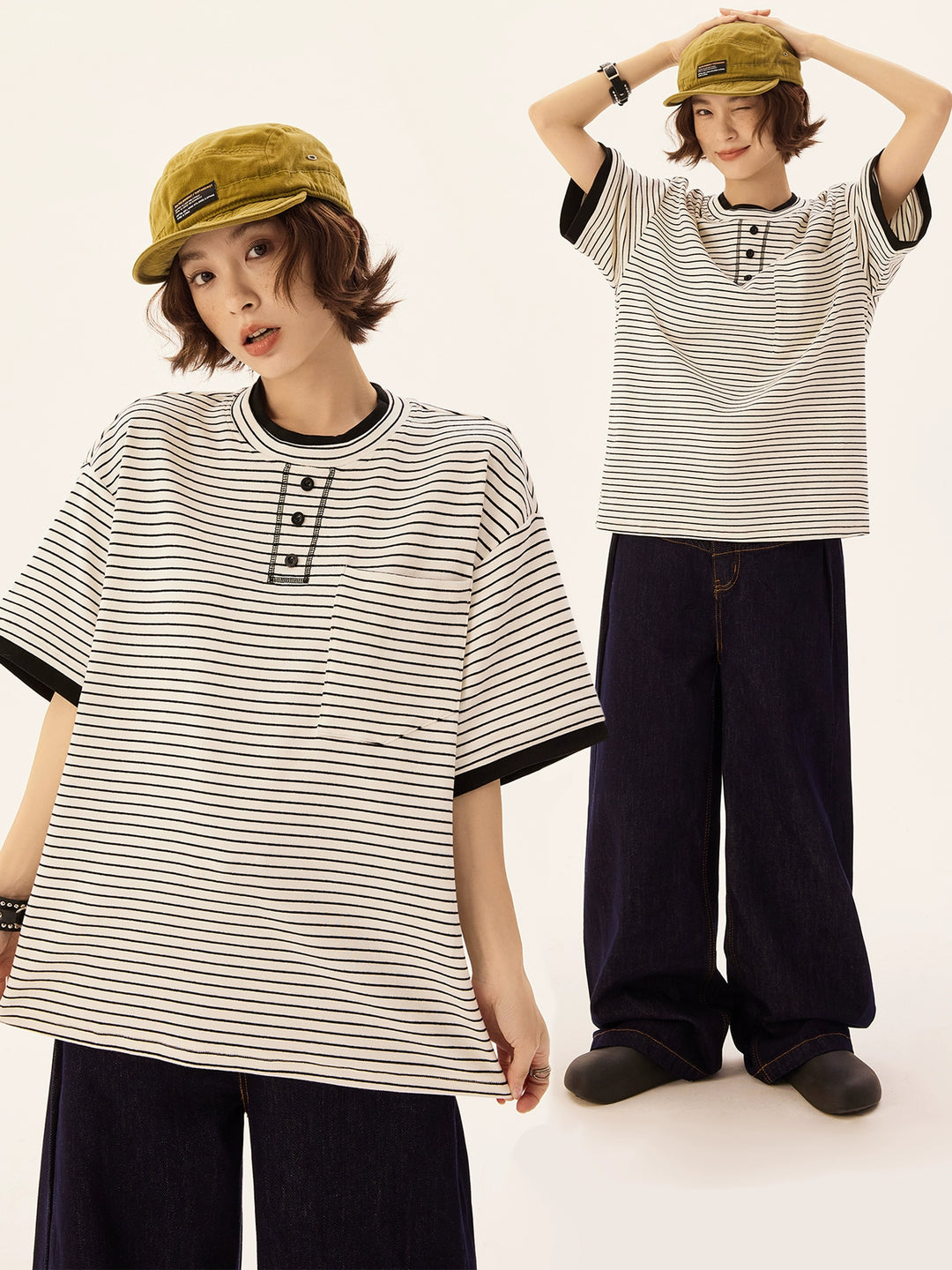 Striped Short Sleeve Henley Neck T-Shirt