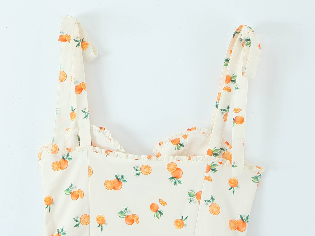 فستان صيفي بطباعة الفواكه مع أشرطة ربط