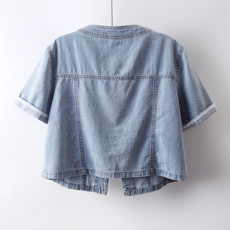 جاكيت جينز بياقة دائرية بأكمام قصيرة