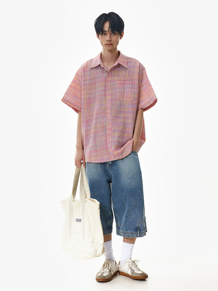 Plaid Short Sleeve Cuban Collar Shirt