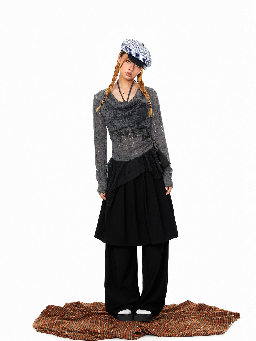 Wide-Leg Pleated Skirt Overlay Pants