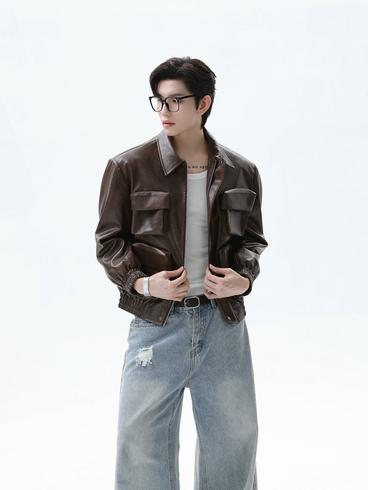 Retro Multi-Pocket Leren Motorjack