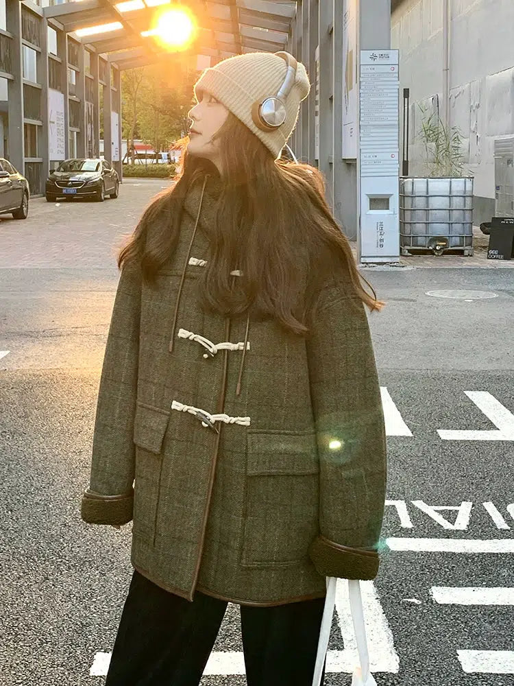 Hooded Horn Button Wool Coat