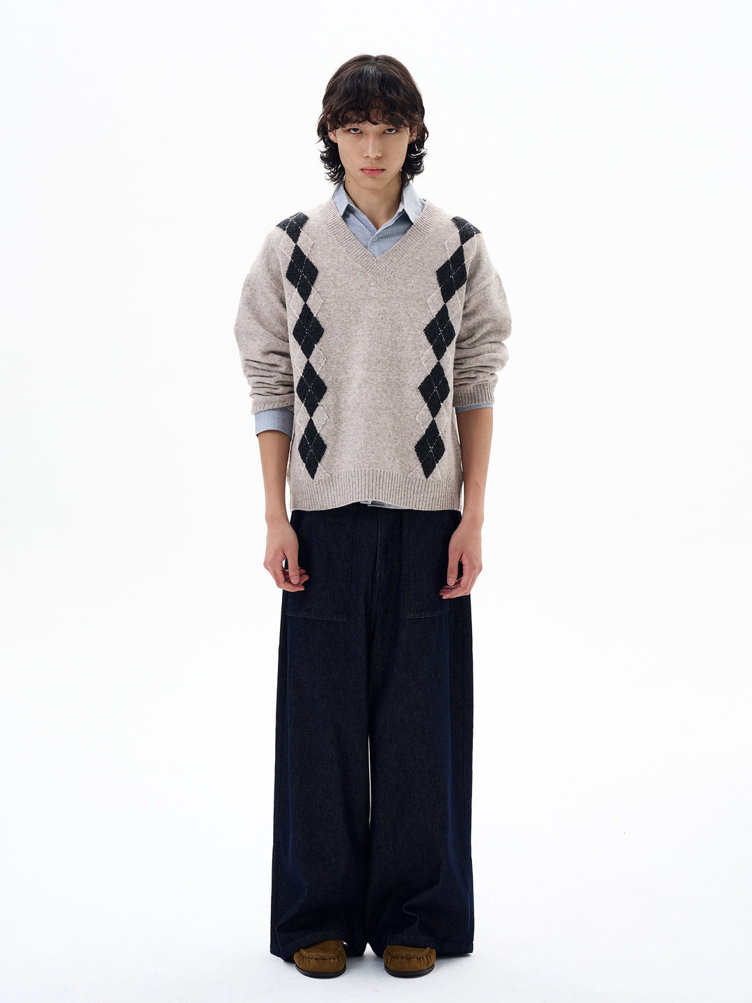 Diamantmønster Uldblandings V-Hals Sweater