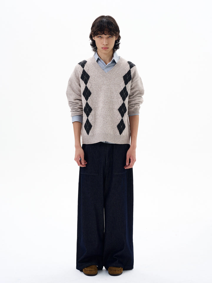 Diamantmønster Uldblandings V-Hals Sweater