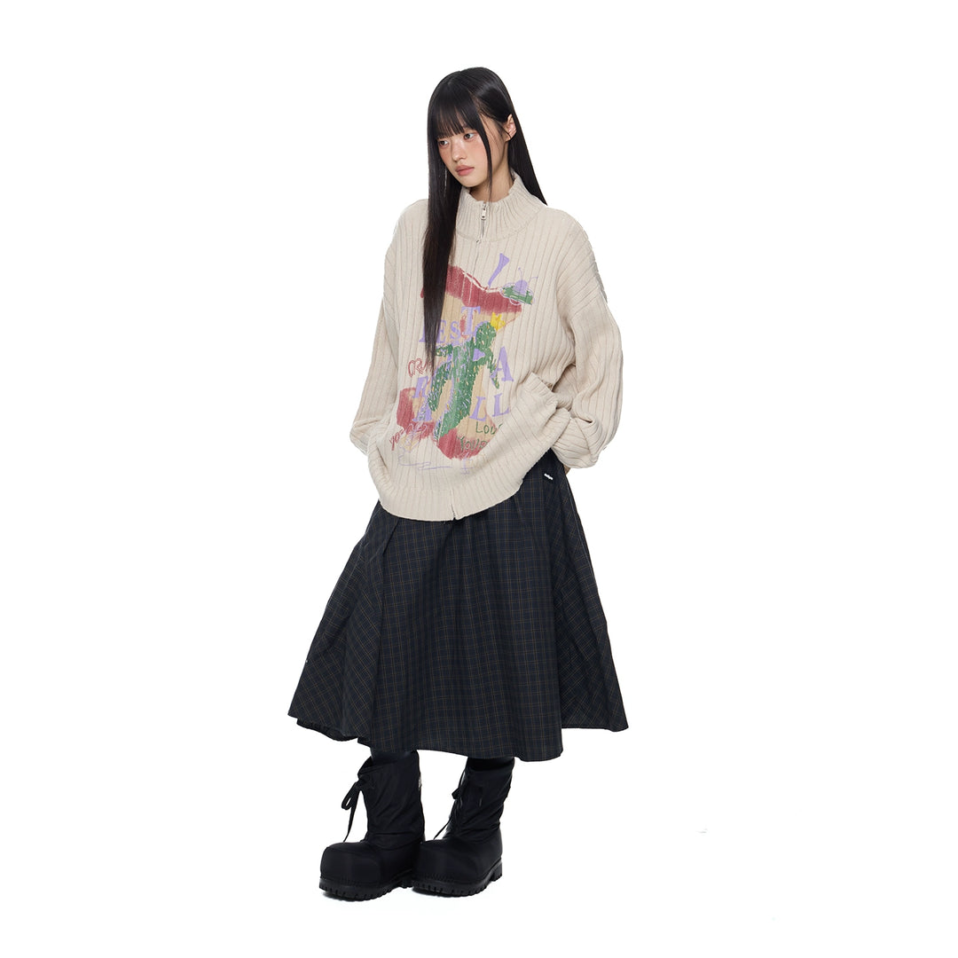 Letter Print Knitted Zip Sweater