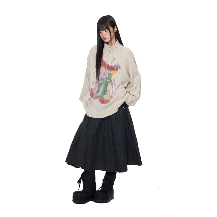 Letter Print Knitted Zip Sweater