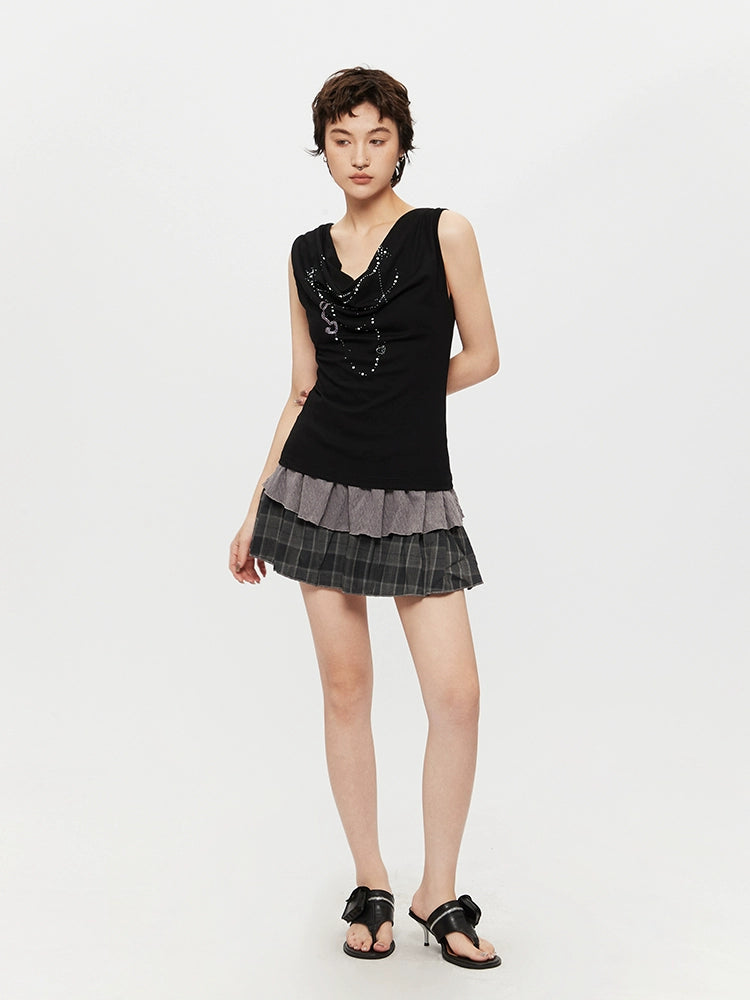 Sleeveless Rhinestone Cowl Neck Top