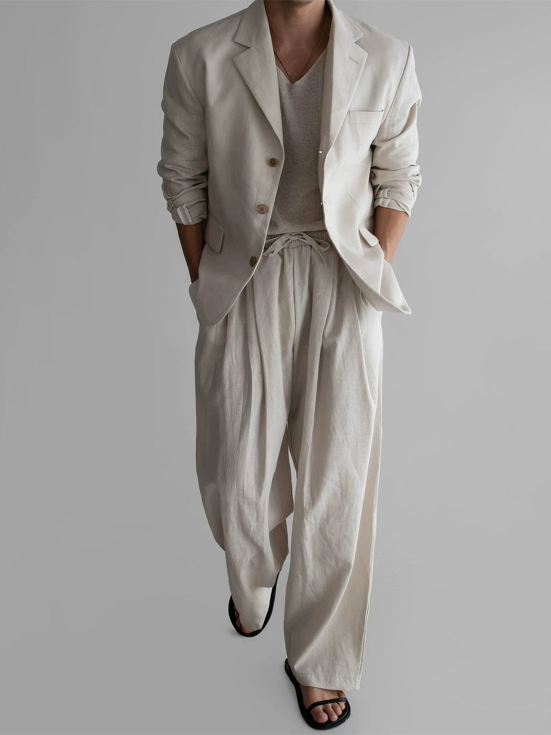 Ramie Suit Jacket and Wide-Leg Pants