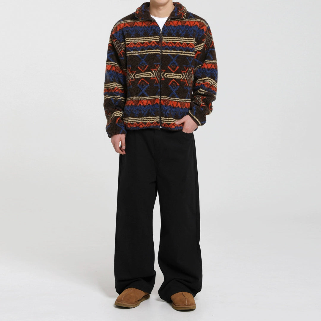 Ethnic Pattern Lambskin Fleece Zip Jacket