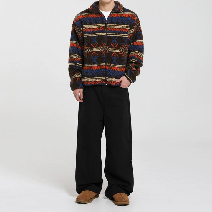 Ethnic Pattern Lambskin Fleece Zip Jacket