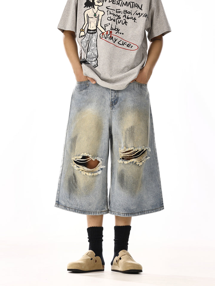 Wide-Leg Ripped Denim Shorts