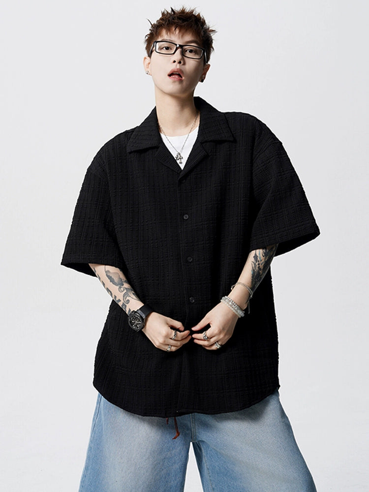 Cuban Collar Textured Short Sleeve Shirt