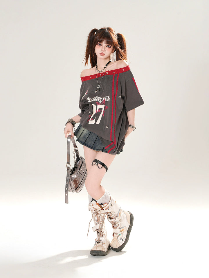 Off-Shoulder Graphic Loose Fit T-Shirt